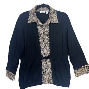 Kim Rogers size LARGE black 3/4 length sleeve blouse with leopard trim
